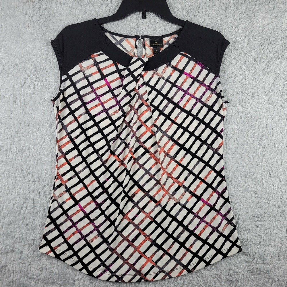 Worthington Sleeveless Blouse Womens Small Grid Draped Neck